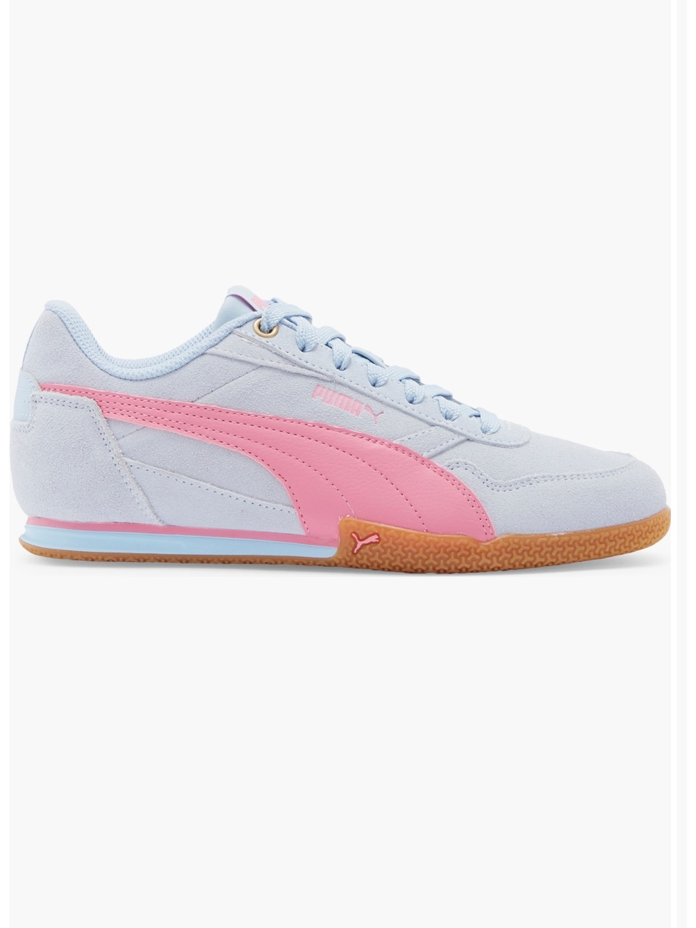 Puma Low-Top Suede Sneaker in Pale Blue with Pink Stripe